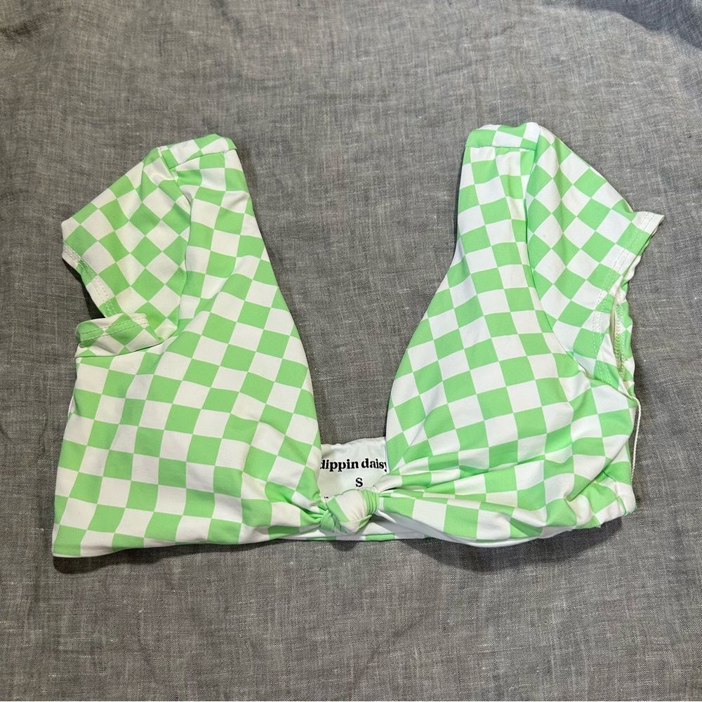 Dippin Daisys Vision Top Green White Checkered Cap Sleeve Bikini Top Small